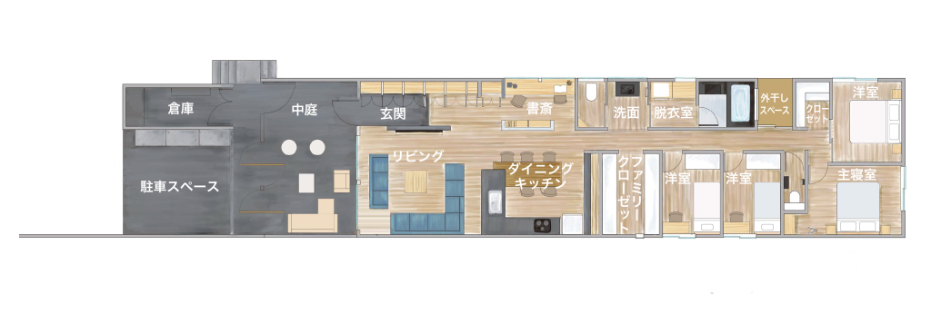 延べ床面積50坪の平屋間取り図