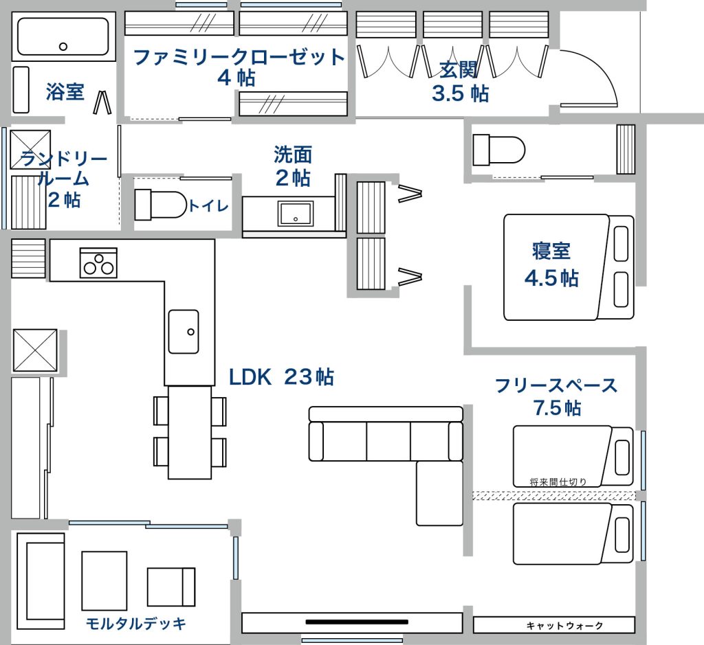 L字型の平屋間取り図（27坪・2～3LDK）