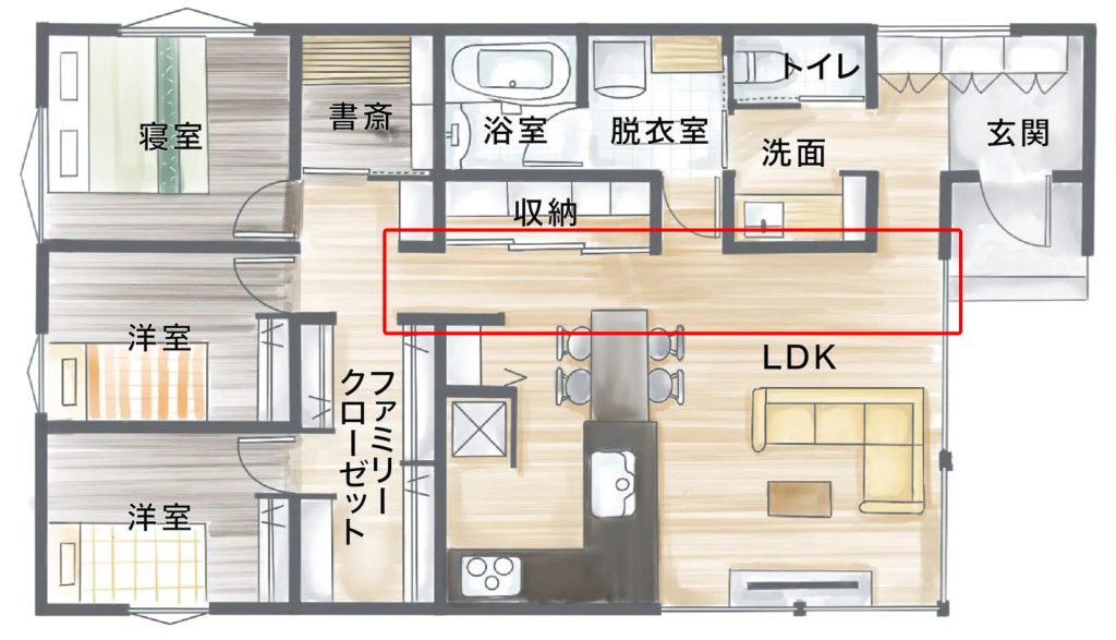 26坪3LDKの平屋間取り図（南玄関）