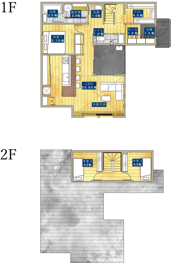 オープンクローゼットのある2階建て注文住宅間取り図