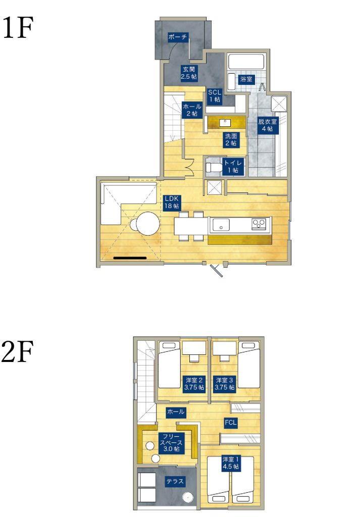 29.3坪4ＬＤＫの2階建てデザイン住宅の間取り図