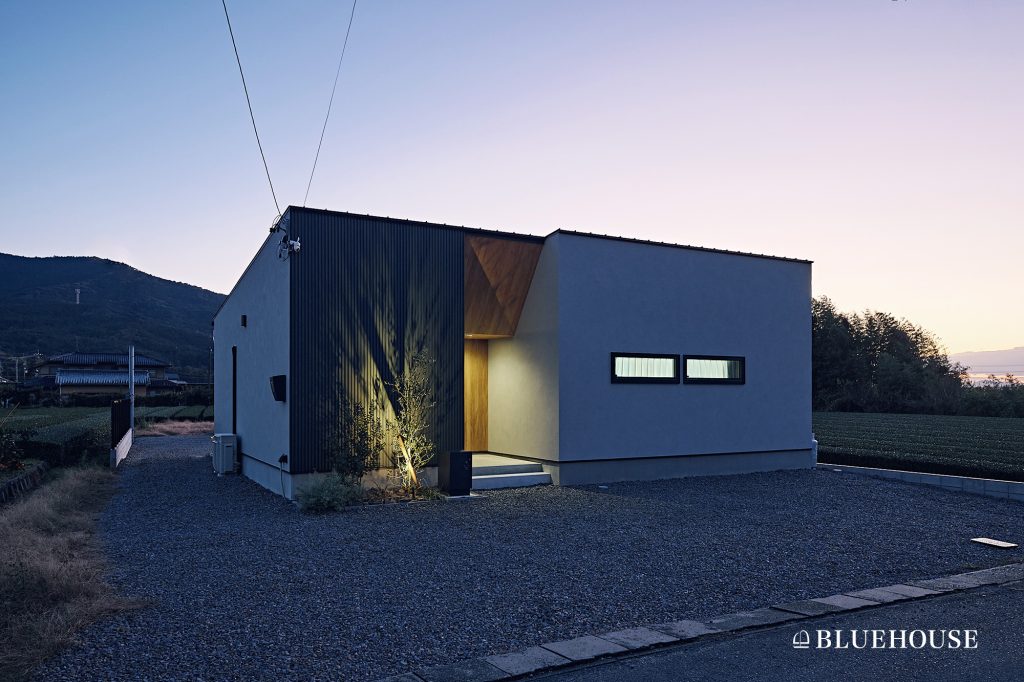 植栽の影が外壁に映って幻想的な印象に